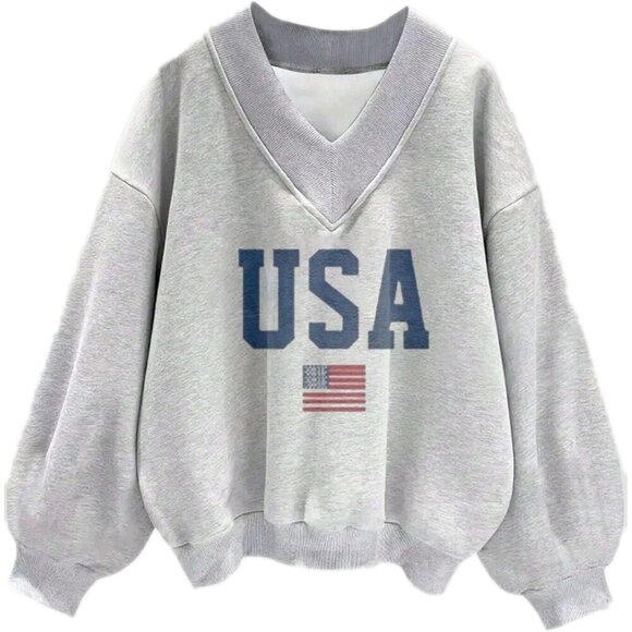 Tops - Women Graphic V Neck Sweatshirt Large USA Flag Long Sleeve Pullover